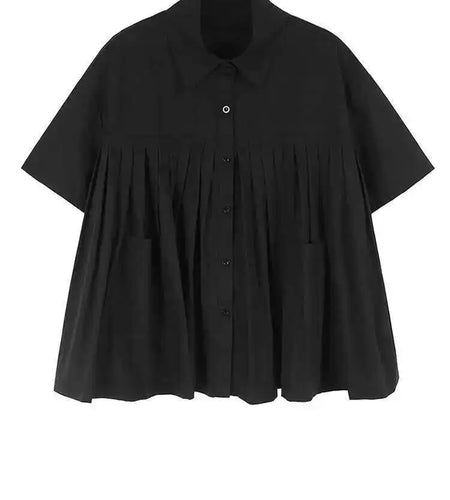 Women Black Dot Printed Pleated Big Size Blouse New Lapel Short Sleeve Shirt Fashion Tide Spring Summer 2025 1DH6763