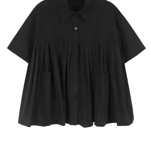 Load image into Gallery viewer, Women Black Dot Printed Pleated Big Size Blouse New Lapel Short Sleeve Shirt Fashion Tide Spring Summer 2025 1DH6763
