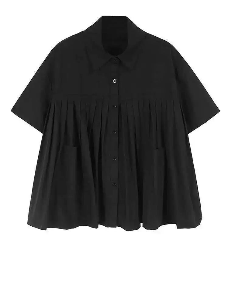 Women Black Dot Printed Pleated Big Size Blouse New Lapel Short Sleeve Shirt Fashion Tide Spring Summer 2025 1DH6763