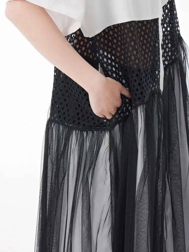 Women White Mesh Color-block Big Size Midi Shirt Dress New Lapel Short Sleeve Fashion Tide Spring Summer 2025 1DJ0045