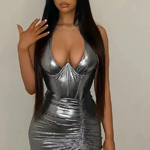 Load image into Gallery viewer, Metallic Short Dresses for Women Party Night Club Outfits Sexy Drawstring Halter Backless Bodycon Dress C96-CF18
