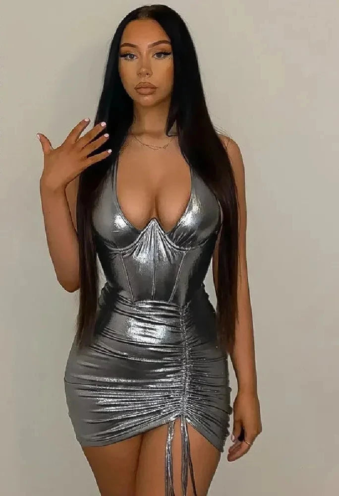 Metallic Short Dresses for Women Party Night Club Outfits Sexy Drawstring Halter Backless Bodycon Dress C96-CF18