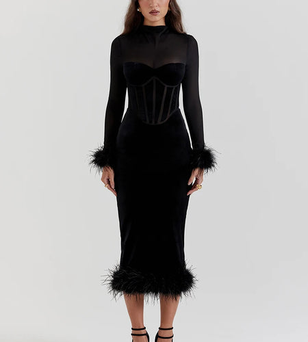 Elegant Feather Sexy Midi Dress For Women Black Fashion Sheer Long Sleeve Backless Bodycon Club Party Long Dress