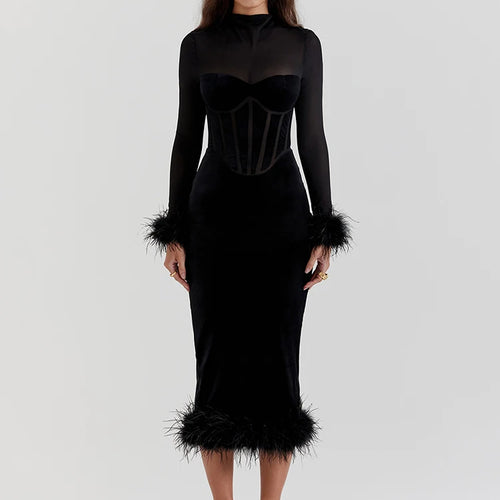 Load image into Gallery viewer, Elegant Feather Sexy Midi Dress For Women Black Fashion Sheer Long Sleeve Backless Bodycon Club Party Long Dress
