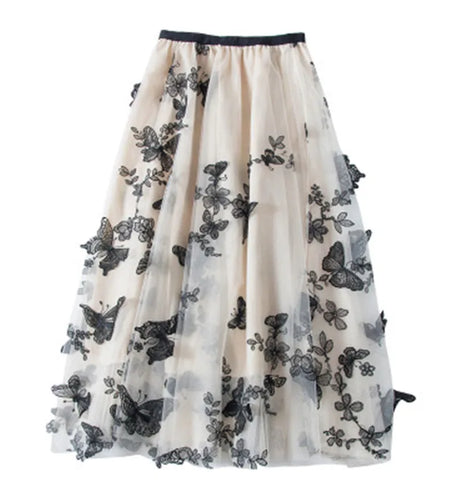 Long Tulle Skirt Women Vintage Butterfly Embroidery Elastic High Waist A-Line Mesh Pleated Skirt Female Midi Skirt Faldas Jupe