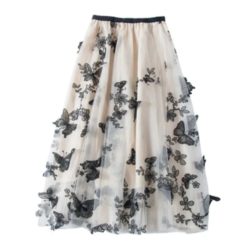 Load image into Gallery viewer, Long Tulle Skirt Women Vintage Butterfly Embroidery Elastic High Waist A-Line Mesh Pleated Skirt Female Midi Skirt Faldas Jupe
