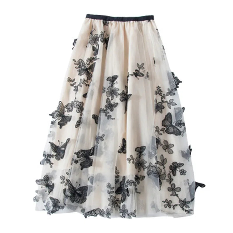 Long Tulle Skirt Women Vintage Butterfly Embroidery Elastic High Waist A-Line Mesh Pleated Skirt Female Midi Skirt Faldas Jupe