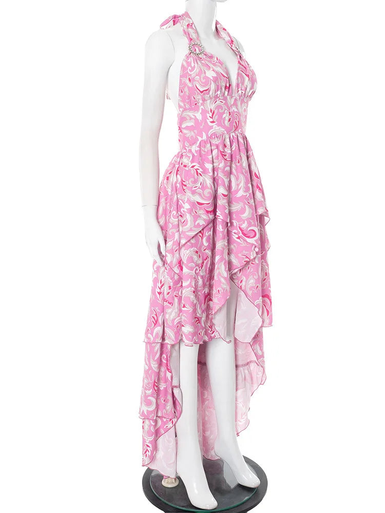 Print Halter Ruffled Sexy Maxi Dress Women Fashion V Neck Sleeveless High Waist Backless Beach Club Party Long Dress