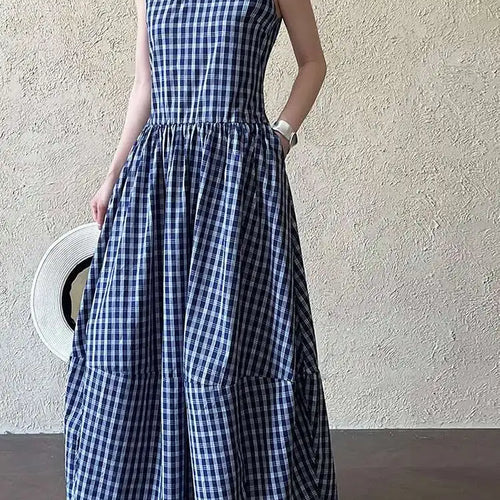 Load image into Gallery viewer, Women Dark Blue Plaid Pocket Vintage Long Elegant Vest Dress New V-Neck Sleeveless Fashion Tide Spring Summer 2025 1DJ0667
