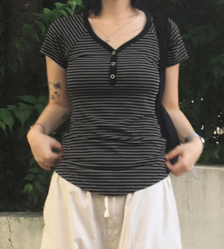 Korean Fashion Striped V-Neck With Buttons Slimming T-shirts Women's Summer Short Sleeve Top Tees Y2K Aesthetics New
