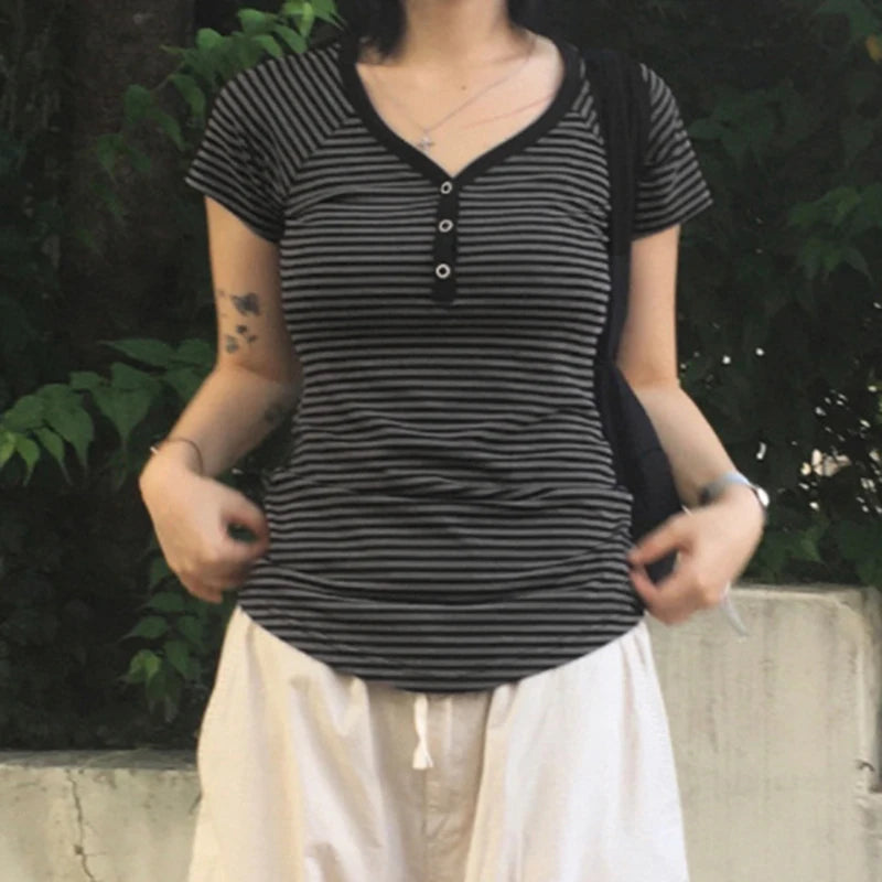 Korean Fashion Striped V-Neck With Buttons Slimming T-shirts Women's Summer Short Sleeve Top Tees Y2K Aesthetics New