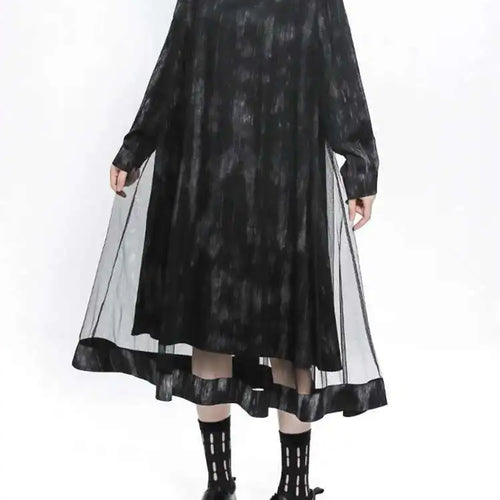 Load image into Gallery viewer, Women Black Hollow Out Mesh Spliced Big Size Dress New Stand Collar Long Sleeve Fashion Tide Spring Autumn 2025 1DJ0051
