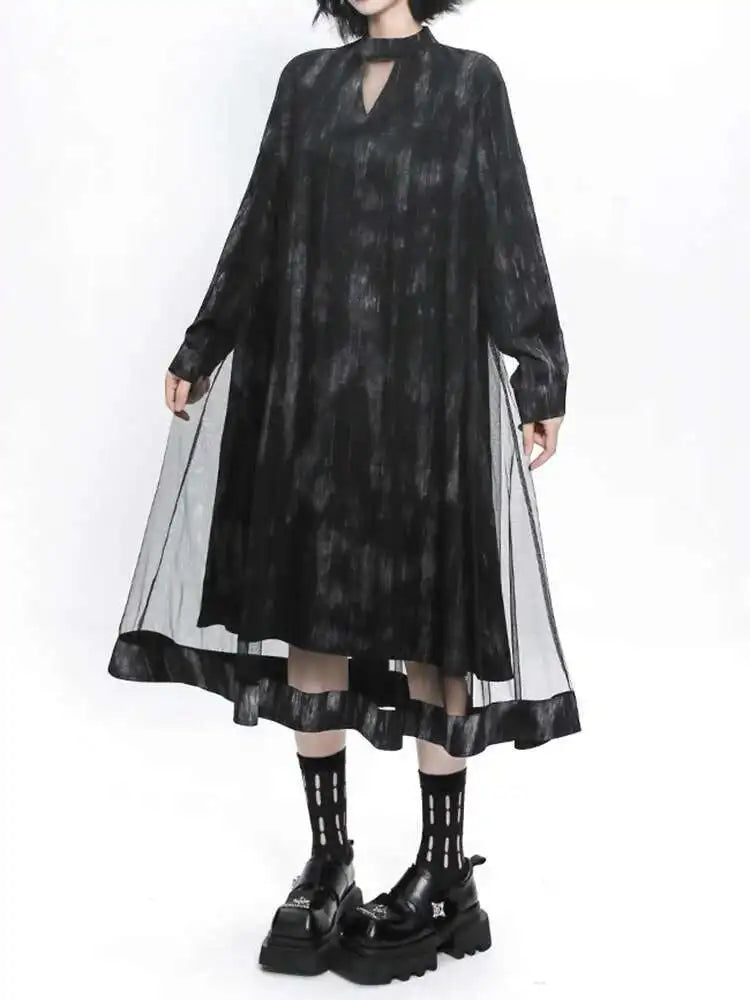 Women Black Hollow Out Mesh Spliced Big Size Dress New Stand Collar Long Sleeve Fashion Tide Spring Autumn 2025 1DJ0051