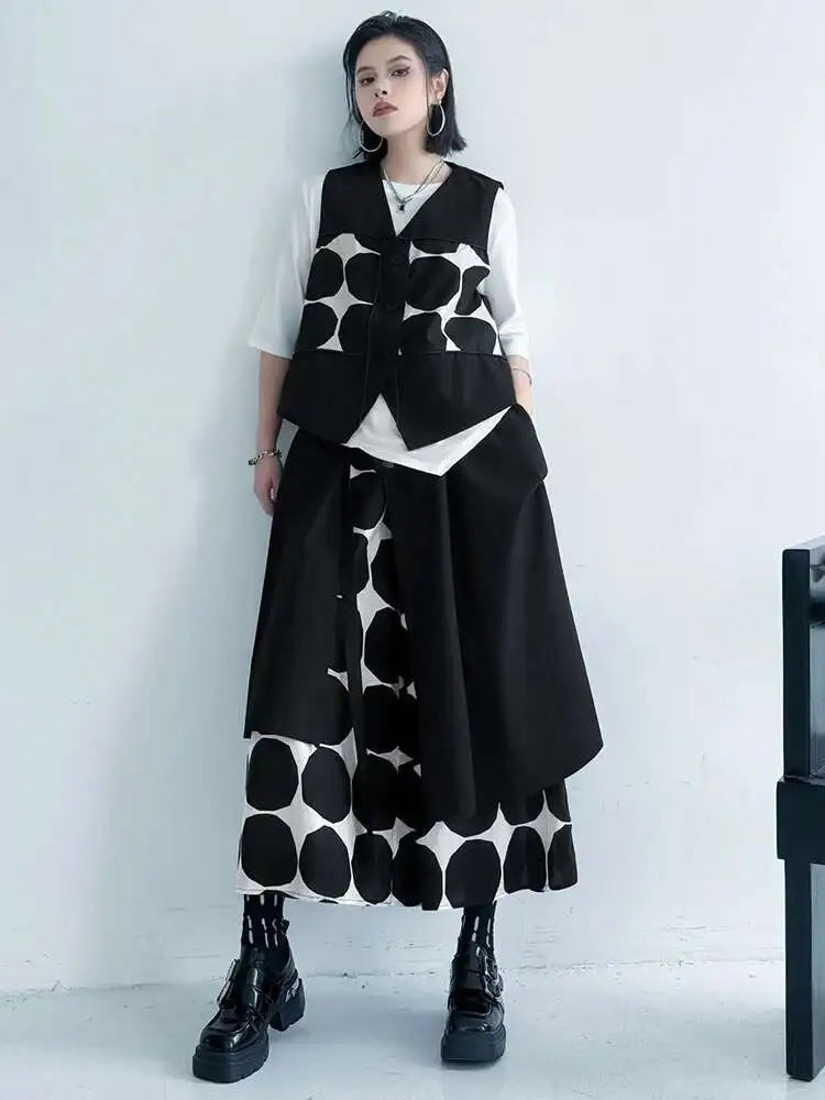 Big Size Black Dot Vest Wide Leg Pants Two Piece Suit New V-Neck Sleeveless Women Fashion Tide Spring Autumn 2025 1DJ1039