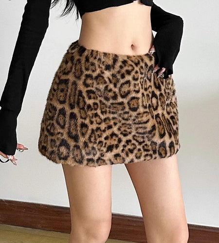 Furry Leopard Print Mini Skirts Elasticated Waist Sexy Midnight Hot Chick Classic Trend Charming Concise Winter Bottoms
