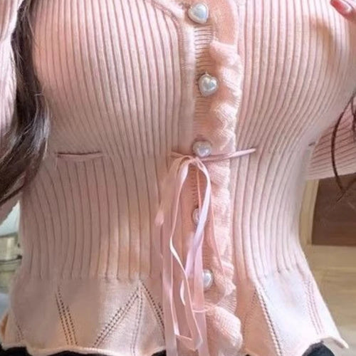 Load image into Gallery viewer, Fake Two Pieces Women Gentle Crop Cardigans Y2k Aesthetic Sweet Single Breasted Sweaters Sweet Bandage Slim Fit Grunge Knitwear
