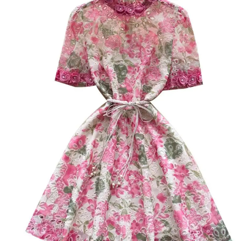 French Retro Women Embroidered Flower Bead Round Neck Short Sleeved Mini Dress Summer Hollowed Out Lace-up Evening Party Dresses