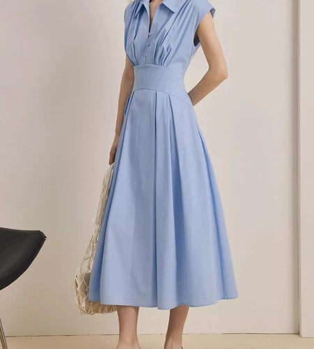 Solid Spliced Folds Temperament Dresses for Women Lapel Sleeveless Patchwork Button High Waist Dress Female Fashion