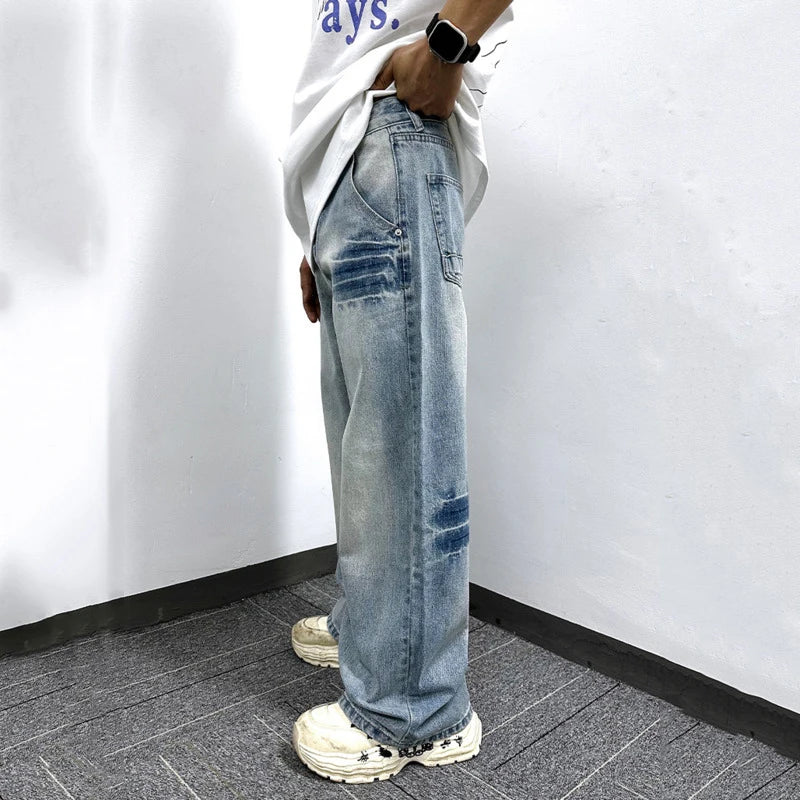 Men's  Jeans Washed Cracked Straight Leg Trendy New American Style Simple Casual Denim Pants Male Summer Bottoms 9W1745