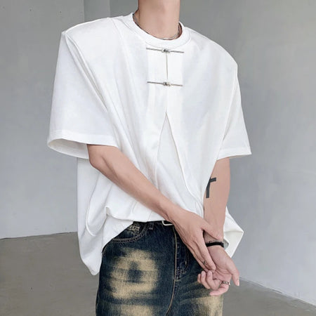 Simple Casual Male Top New Chinese Style Knot Buckle Design Shoulder Pad Short Sleeve T-shirt Trendy Solid Color C6001