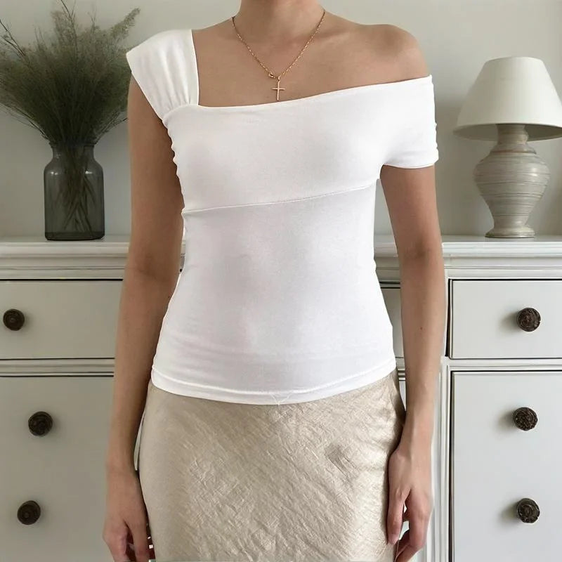 White Crop Top Women Sexy Clothes Solid Color Oblique Shoulder Short Sleeve T Shirt y2k Aesthetic Clothing Streetwear