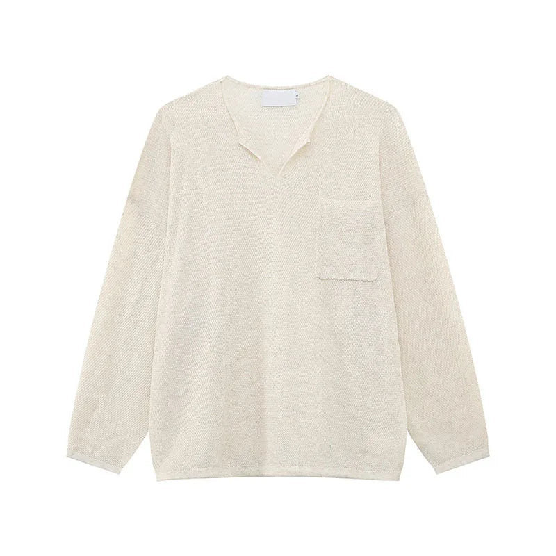 Men's T-shirt Long Sleeve Design Korean Pocket Decoration V-neck Casual Top Thin Loose Male Pullover Clothing 9W1585