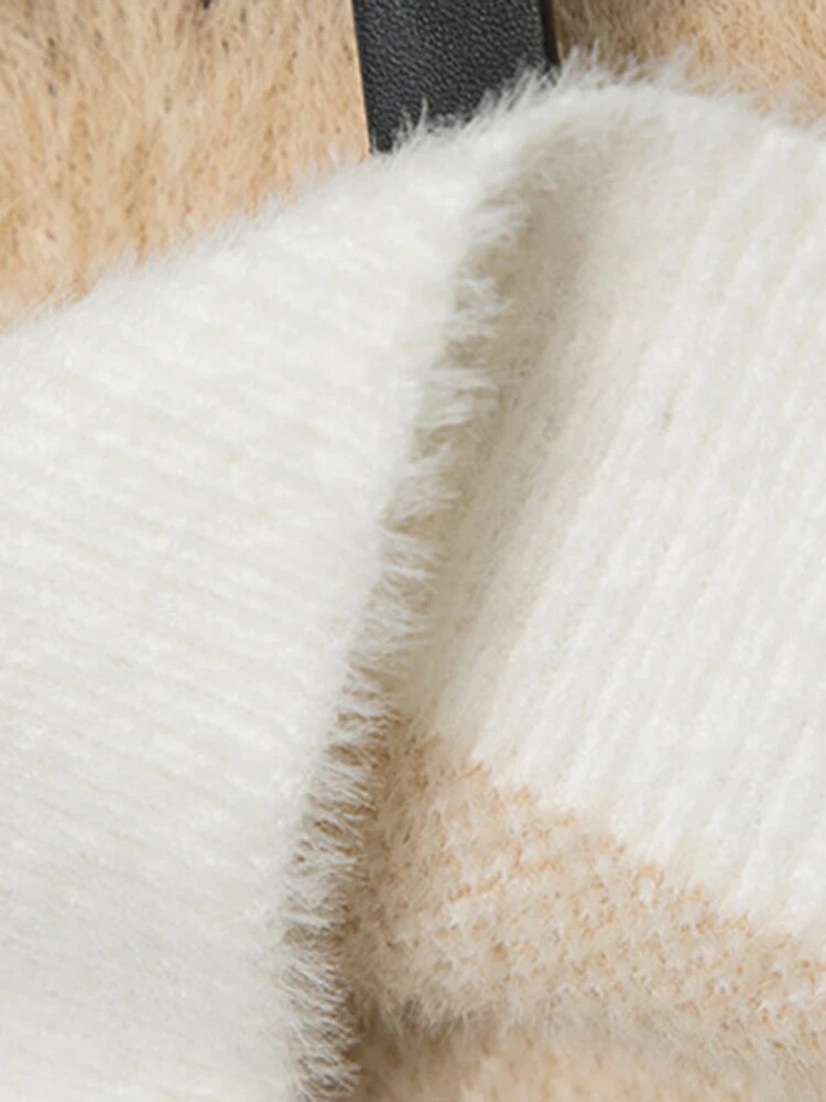 Colorblock Gradient Casual Knitting Sweaters For Women Slash Neck Spliced Belt Flare Sleeve Slimming Sweater Female
