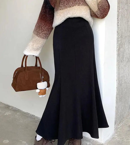 Korean Fashion Black High Waist Women Vacation Wrapped Hip Long Skirt Autumn Winter Brown Fishtail Skirts Trendy Streetwear Chic
