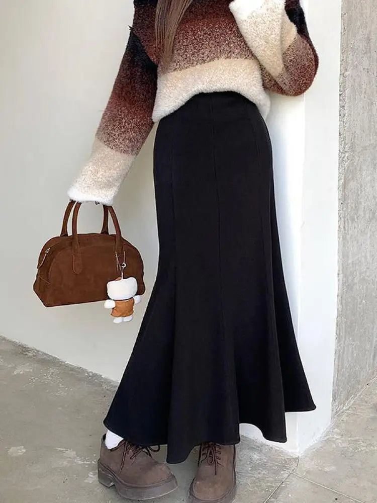 Korean Fashion Black High Waist Women Vacation Wrapped Hip Long Skirt Autumn Winter Brown Fishtail Skirts Trendy Streetwear Chic