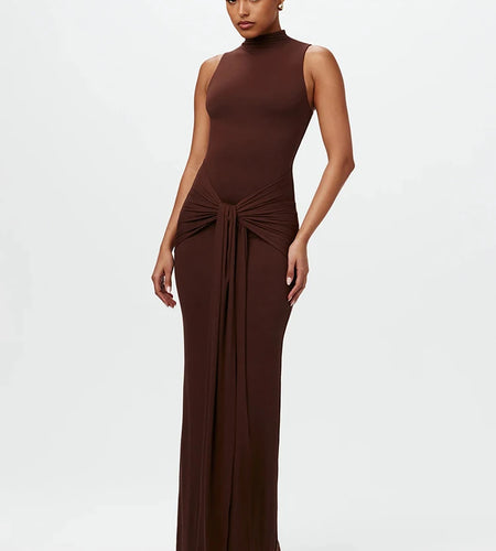 Half High Collar Irregular Tank Dress For Women 2024 New Fashion Sleeveless Bodycon Ruched Sexy Long Dress Elegant