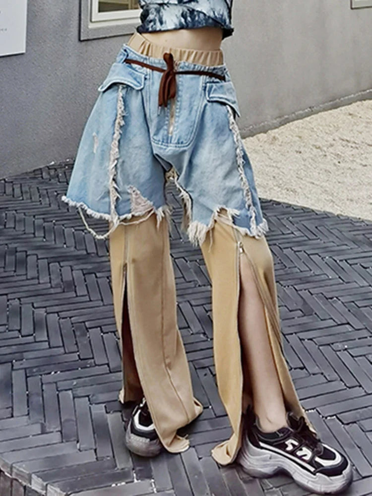 Streetwear Wide Leg Pants For Women High Waist Patchwork Denim Colorblock Loose Trousers Female Autumn Clothing