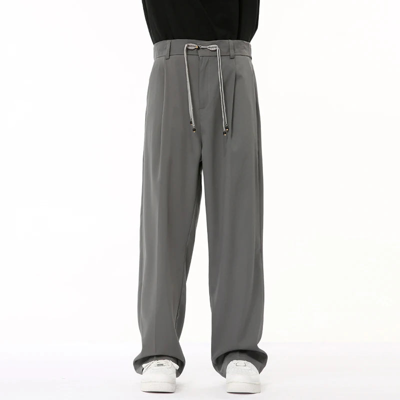 Male Gray Suit Pants New Chinese Style Knot Button Straight Wide Leg Loose Casual Men's Trousers Summer Fashion 9C6684