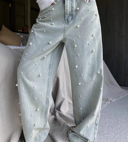 Spliced Pearls Jeans For Women High Waist Full Length Vintage Casual Wide Leg Jean Female Fashion Style Clothing