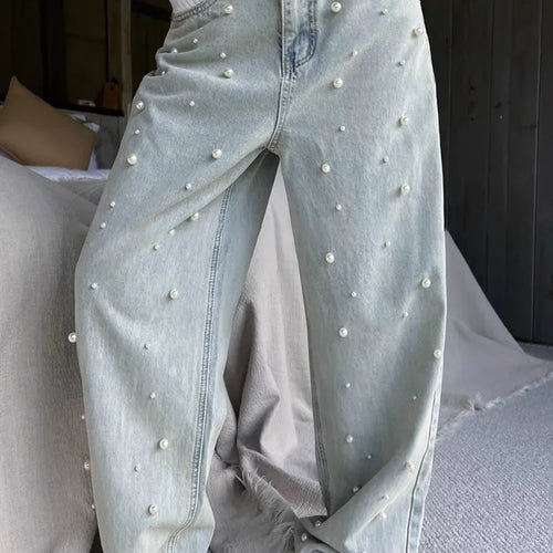 Load image into Gallery viewer, Spliced Pearls Jeans For Women High Waist Full Length Vintage Casual Wide Leg Jean Female Fashion Style Clothing
