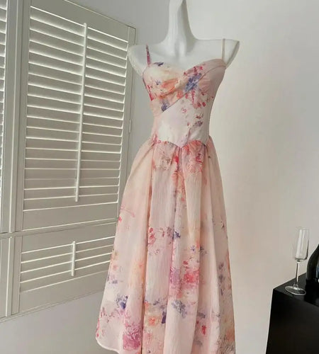 Summer French Blue Pink Flower Slim Backless Slip Long Dress Women Vintage Elegant Sexy Sleeveless High Waist Party Dress Ladies