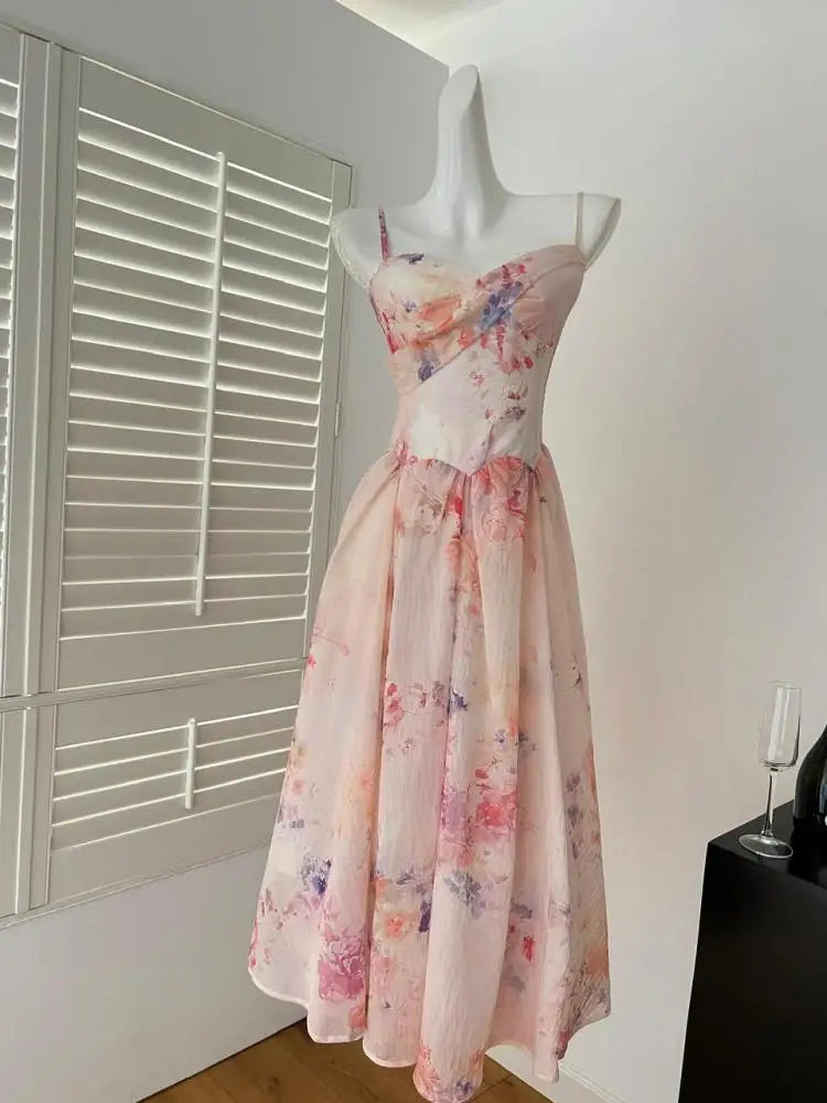 Summer French Blue Pink Flower Slim Backless Slip Long Dress Women Vintage Elegant Sexy Sleeveless High Waist Party Dress Ladies