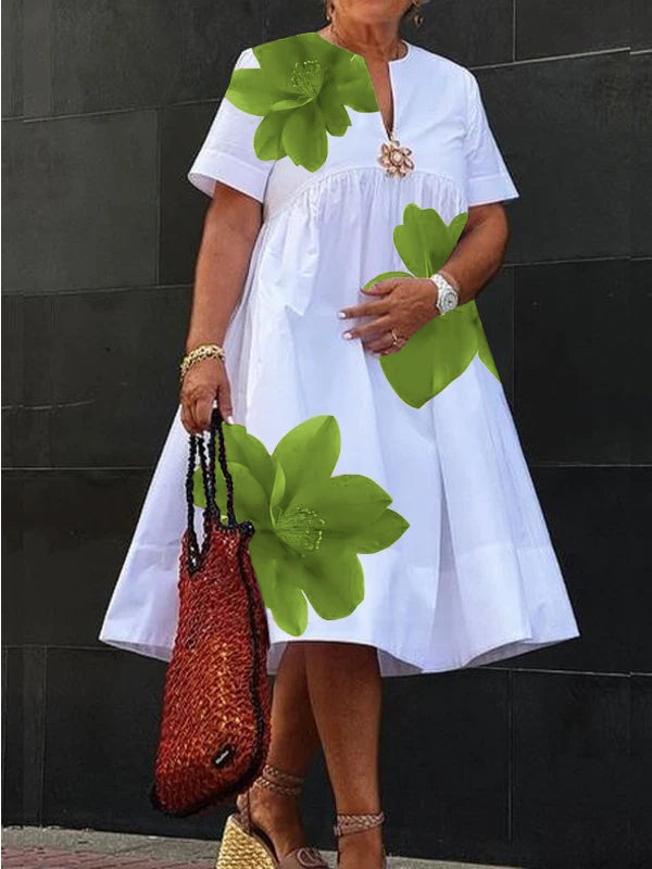 Women's Summer New Dress 2025 V-Neck Pleated Short Sleeves White Loose Flower Print Casual Midi Dresses for Woman