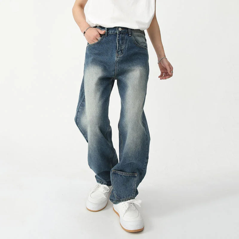 Fashion Men's Gradient Jeans Personalized Pocket Design Trendy Menwear Summer Loose Straight Washed Denim Pants 9A7645