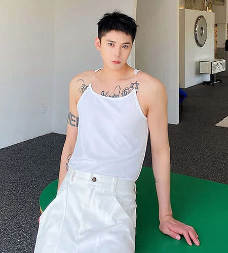 Summer Niche Design Personality Invisible Shoulder Strap Vests Men's Trendy Sleeveless Solid Color Top Male 9A8776