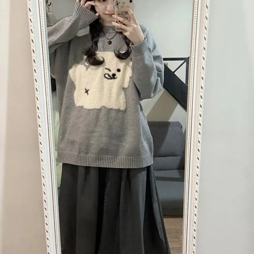 Load image into Gallery viewer, Japanese Grunge Kawaii Cute Flocking Dog Sweaters Women Y2k Aesthetic Casual Loose Jumpers 2025 Autumn New Gentle Gray Pullovers
