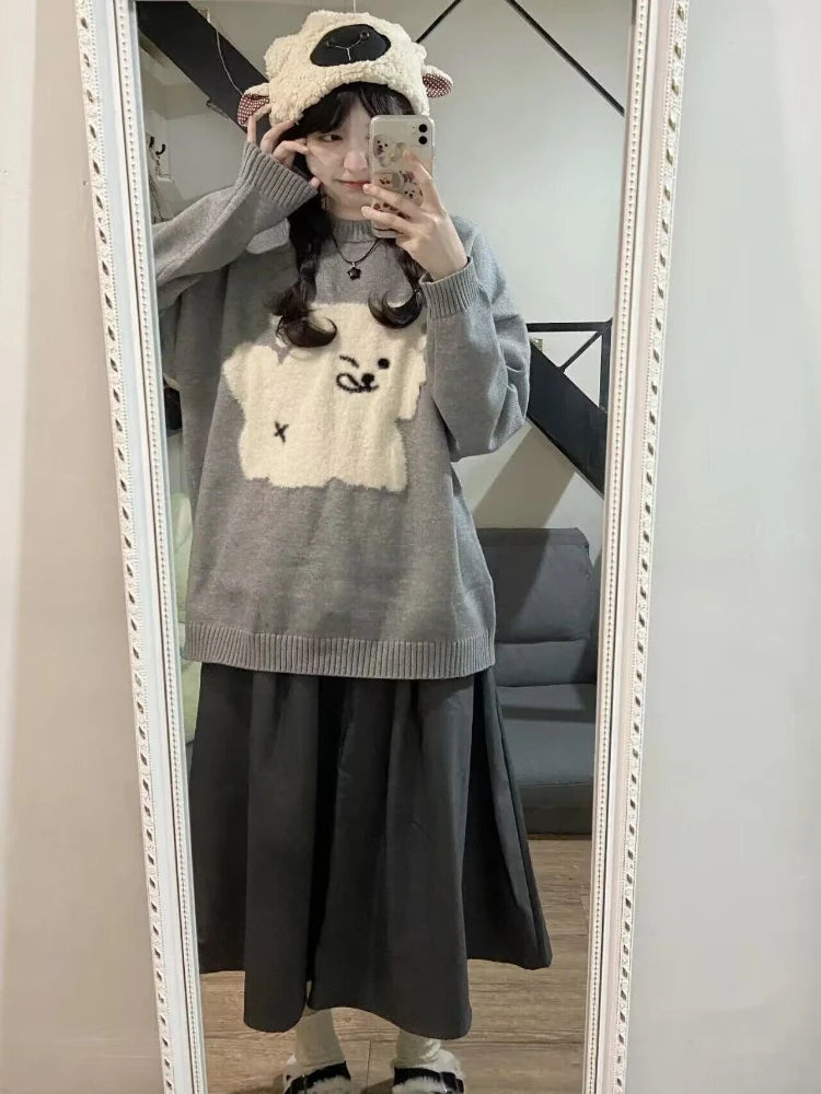 Japanese Grunge Kawaii Cute Flocking Dog Sweaters Women Y2k Aesthetic Casual Loose Jumpers 2025 Autumn New Gentle Gray Pullovers