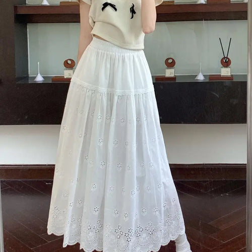 Load image into Gallery viewer, Vintage White Elegant Hollow Out Pleated Long Skirts For Women A-line Elastic High Waist Skirt Spring Summer Ladies Romantic New
