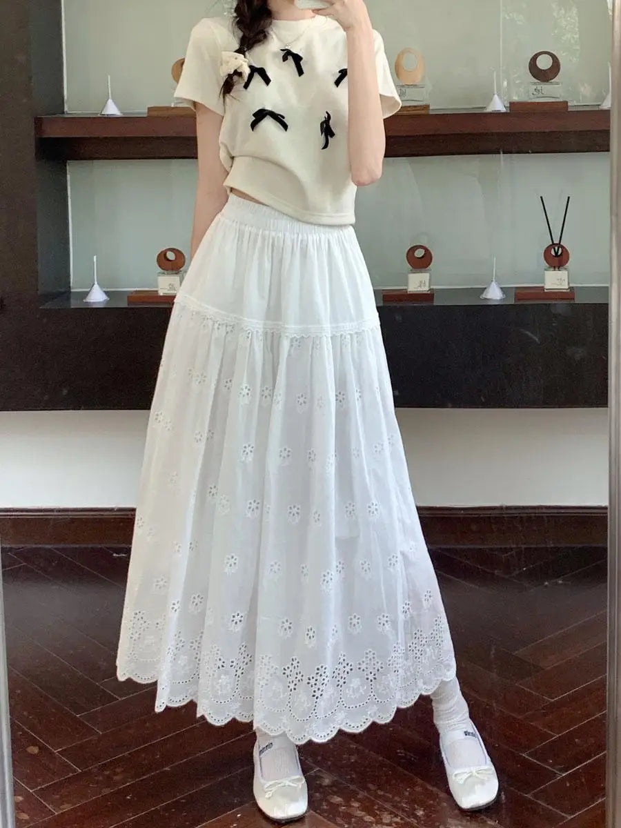 Vintage White Elegant Hollow Out Pleated Long Skirts For Women A-line Elastic High Waist Skirt Spring Summer Ladies Romantic New