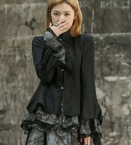 Women Black Mesh Printed Irregular Blouse New Stand Collar Long Sleeve Loose Fit Shirt Fashion Spring Autumn 2025 1DF6824