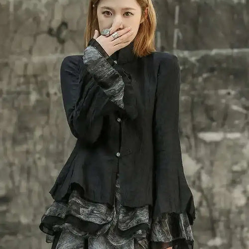 Load image into Gallery viewer, Women Black Mesh Printed Irregular Blouse New Stand Collar Long Sleeve Loose Fit Shirt Fashion Spring Autumn 2025 1DF6824
