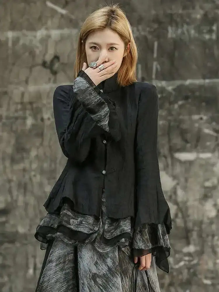 Women Black Mesh Printed Irregular Blouse New Stand Collar Long Sleeve Loose Fit Shirt Fashion Spring Autumn 2025 1DF6824