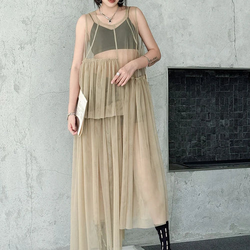 Load image into Gallery viewer, Women Black Khaki Mesh Perspctive Big Size Long Dress New Round Neck Sleeveless Fashion Tide Spring Autumn 2025  1DJ1064
