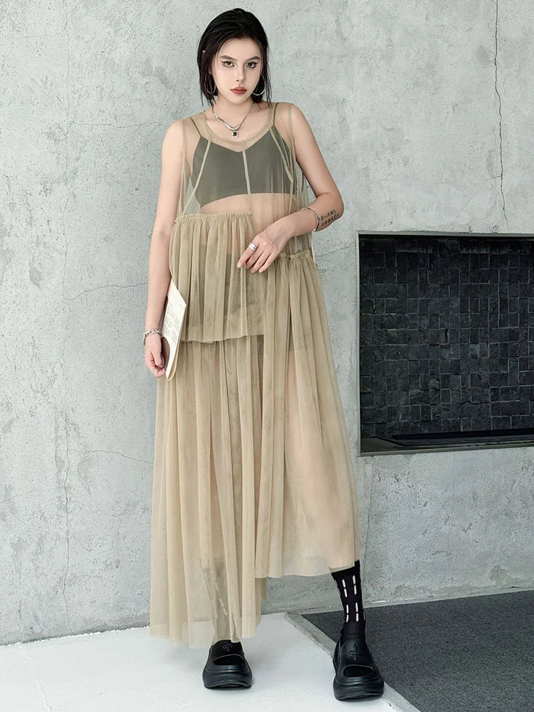Women Black Khaki Mesh Perspctive Big Size Long Dress New Round Neck Sleeveless Fashion Tide Spring Autumn 2025  1DJ1064