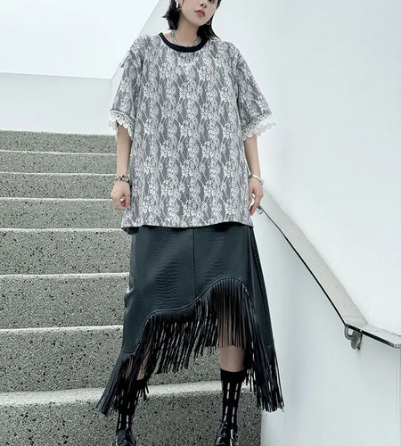 Women Black Lace Spliced Big Size Long Casual T-shirt New Round Neck Short Sleeve Fashion Tide Spring Summer 2025 1DJ1369