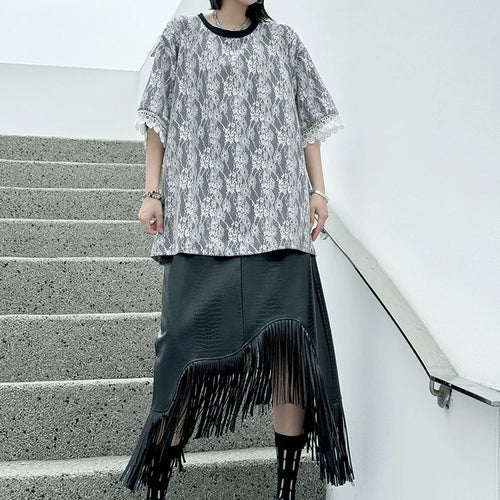 Load image into Gallery viewer, Women Black Lace Spliced Big Size Long Casual T-shirt New Round Neck Short Sleeve Fashion Tide Spring Summer 2025 1DJ1369
